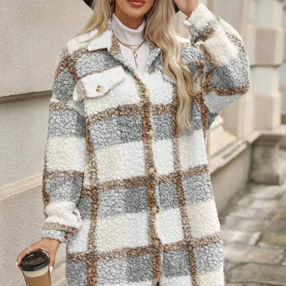 Multicolor Casual Women's Plaid Print Drop Shoulder Teddy Coat - Picture 4 of 7